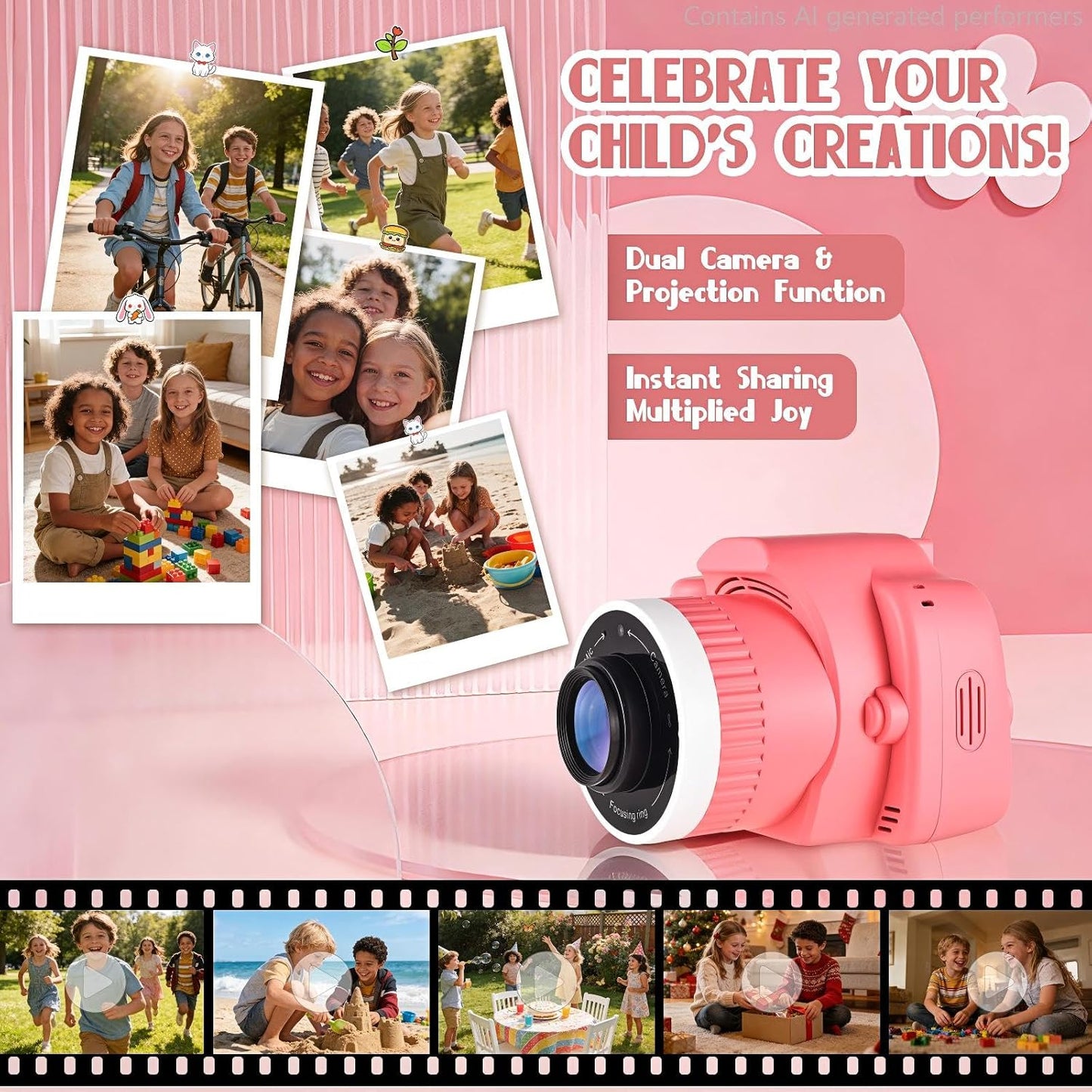 Kids Digital Camera with Video Games, Digital Camera for Kids Fhd 1080P, Kids Video Camera Digital Camcorder with Projector Stent for Gifts Pink