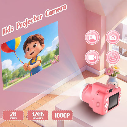 Kids Digital Camera with Video Games, Digital Camera for Kids Fhd 1080P, Kids Video Camera Digital Camcorder with Projector Stent for Gifts Pink