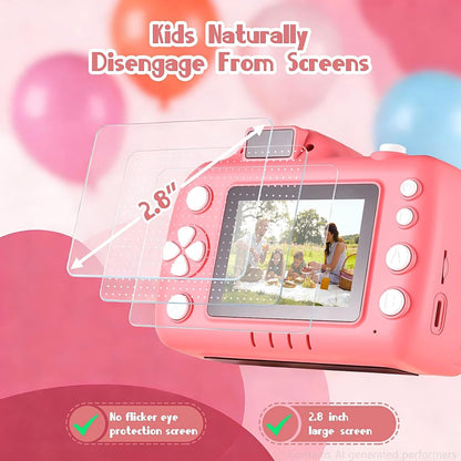 Kids Digital Camera with Video Games, Digital Camera for Kids Fhd 1080P, Kids Video Camera Digital Camcorder with Projector Stent for Gifts Pink