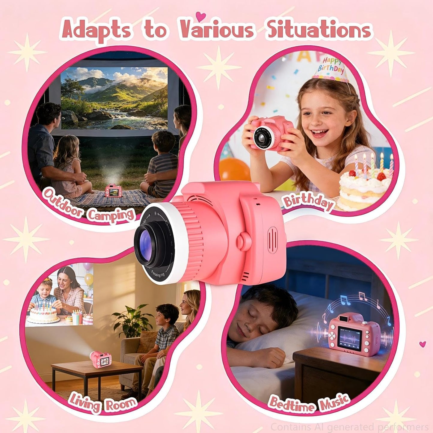 Kids Digital Camera with Video Games, Digital Camera for Kids Fhd 1080P, Kids Video Camera Digital Camcorder with Projector Stent for Gifts Pink