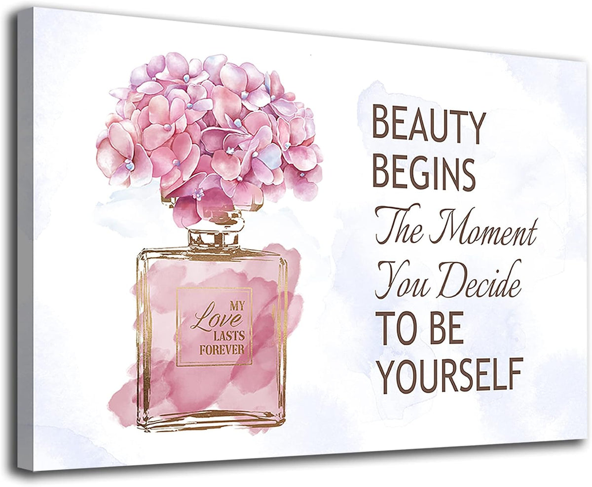Fashioner Perfume Canvas Wall Art Gold Bottle Pink Flower Canvas Pictures Brown Inspirational Words Canvas Prints Motivational Quetos Wall Decor for Bathroom Bedroom Powder Room 16" X 12"