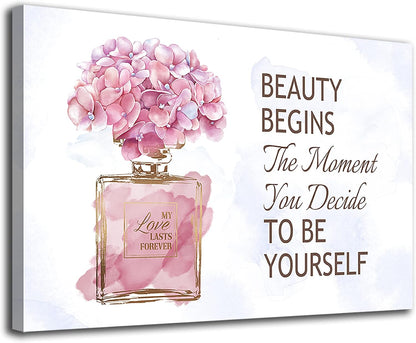 Fashioner Perfume Canvas Wall Art Gold Bottle Pink Flower Canvas Pictures Brown Inspirational Words Canvas Prints Motivational Quetos Wall Decor for Bathroom Bedroom Powder Room 16" X 12"