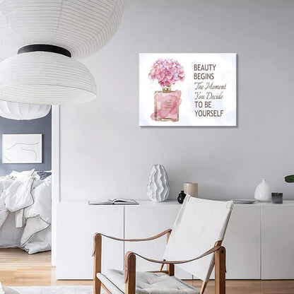 Fashioner Perfume Canvas Wall Art Gold Bottle Pink Flower Canvas Pictures Brown Inspirational Words Canvas Prints Motivational Quetos Wall Decor for Bathroom Bedroom Powder Room 16" X 12"