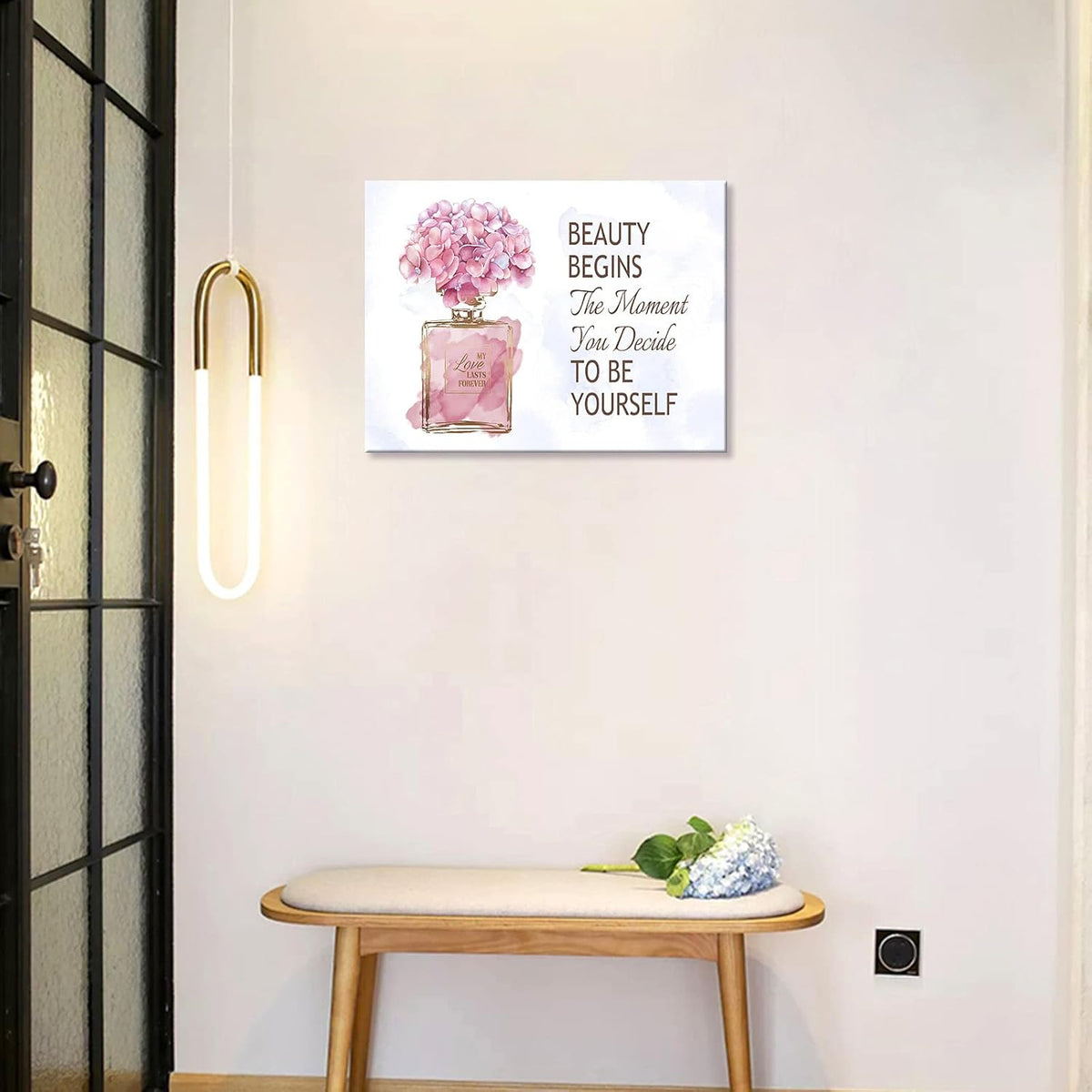 Fashioner Perfume Canvas Wall Art Gold Bottle Pink Flower Canvas Pictures Brown Inspirational Words Canvas Prints Motivational Quetos Wall Decor for Bathroom Bedroom Powder Room 16" X 12"