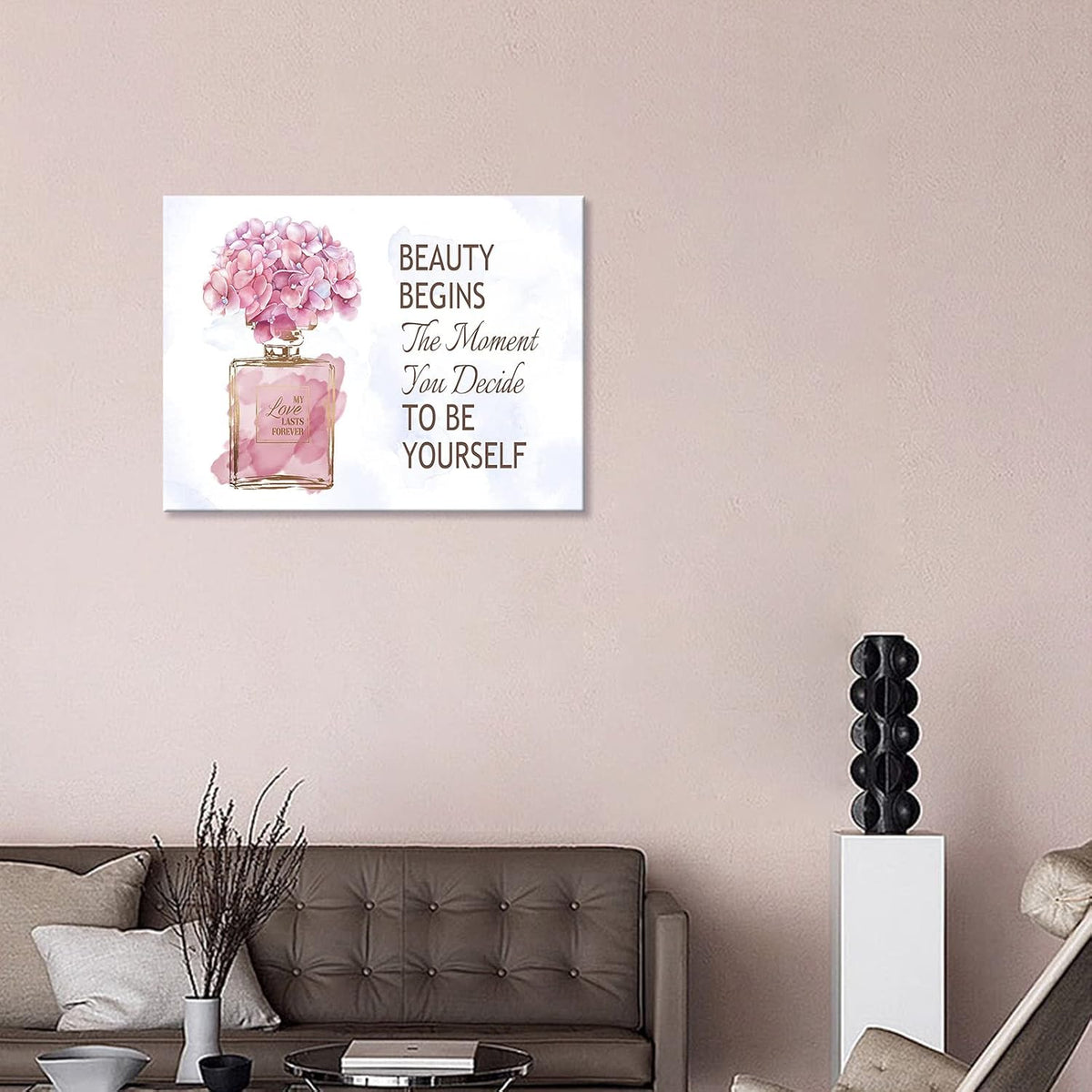 Fashioner Perfume Canvas Wall Art Gold Bottle Pink Flower Canvas Pictures Brown Inspirational Words Canvas Prints Motivational Quetos Wall Decor for Bathroom Bedroom Powder Room 16" X 12"