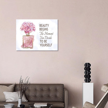Fashioner Perfume Canvas Wall Art Gold Bottle Pink Flower Canvas Pictures Brown Inspirational Words Canvas Prints Motivational Quetos Wall Decor for Bathroom Bedroom Powder Room 16" X 12"