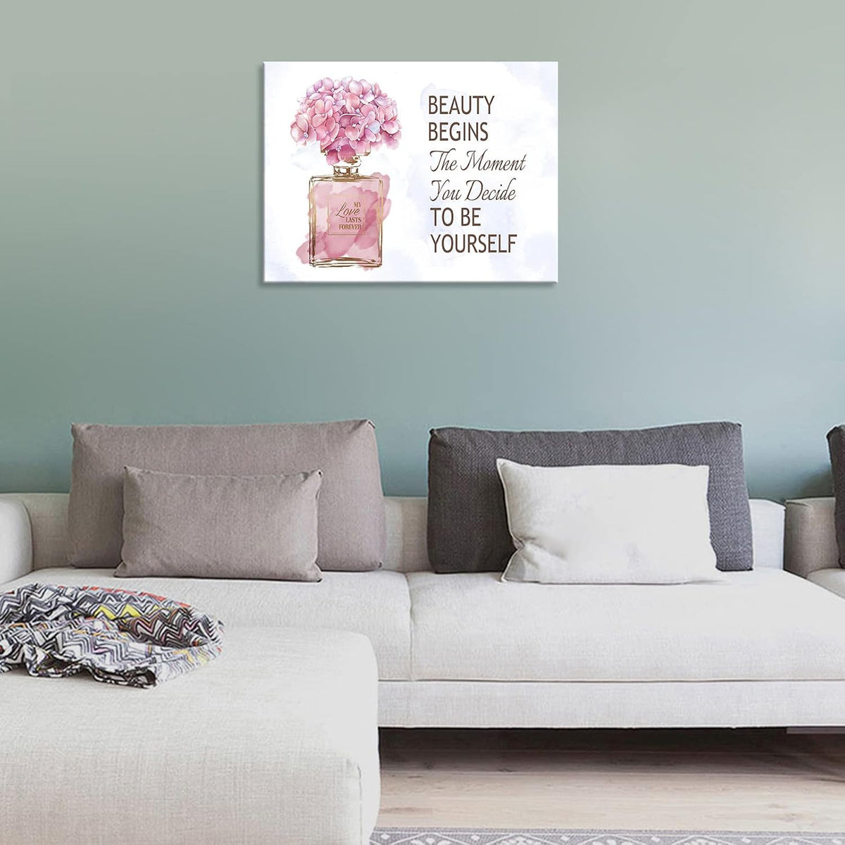 Fashioner Perfume Canvas Wall Art Gold Bottle Pink Flower Canvas Pictures Brown Inspirational Words Canvas Prints Motivational Quetos Wall Decor for Bathroom Bedroom Powder Room 16" X 12"