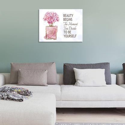 Fashioner Perfume Canvas Wall Art Gold Bottle Pink Flower Canvas Pictures Brown Inspirational Words Canvas Prints Motivational Quetos Wall Decor for Bathroom Bedroom Powder Room 16" X 12"