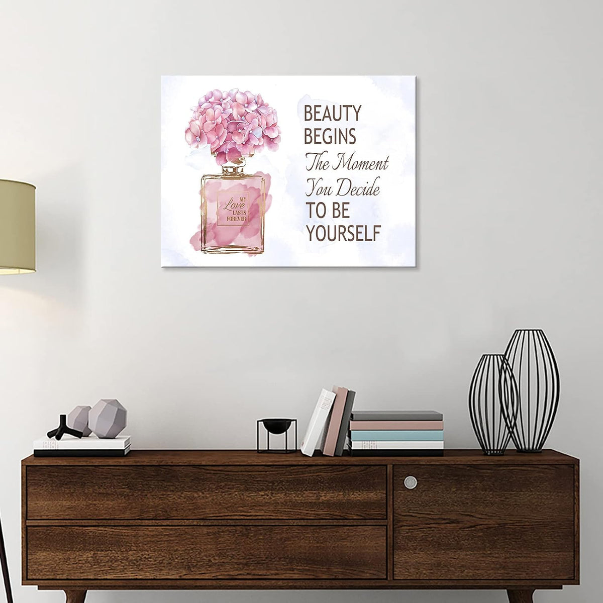 Fashioner Perfume Canvas Wall Art Gold Bottle Pink Flower Canvas Pictures Brown Inspirational Words Canvas Prints Motivational Quetos Wall Decor for Bathroom Bedroom Powder Room 16" X 12"