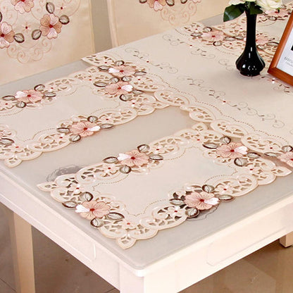 Embroidery Pink Flower Placemats Set of 4, 17" X 11" Rectangular Classic Lace Beige Lunchmat Place Mats Home Decoration Party Kitchen Dining Restaurant Table Mats