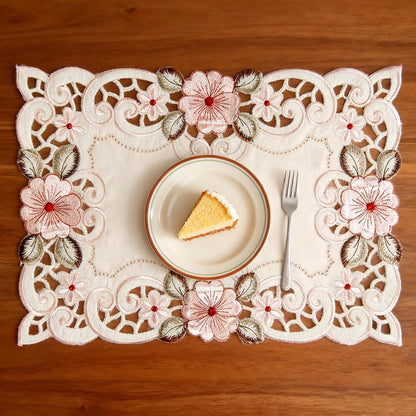 Embroidery Pink Flower Placemats Set of 4, 17" X 11" Rectangular Classic Lace Beige Lunchmat Place Mats Home Decoration Party Kitchen Dining Restaurant Table Mats
