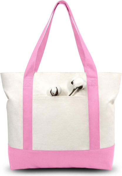 1-Pack Canvas Tote Bag with an External Pocket, Reusable Grocery Shopping Bag, Top Zipper Closure, Daily Essentials (Pink/Natural)