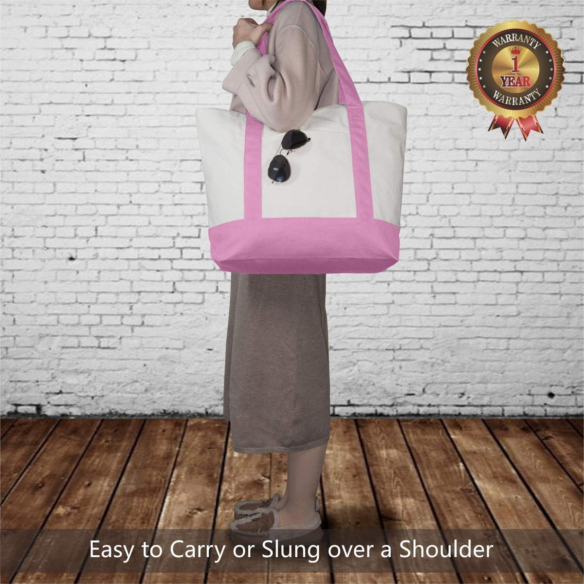 1-Pack Canvas Tote Bag with an External Pocket, Reusable Grocery Shopping Bag, Top Zipper Closure, Daily Essentials (Pink/Natural)