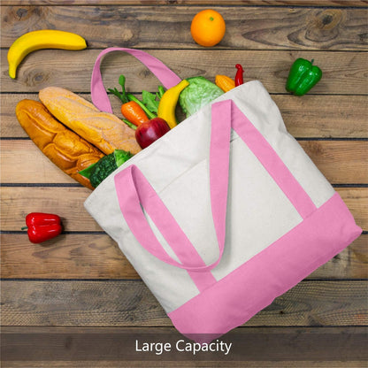 1-Pack Canvas Tote Bag with an External Pocket, Reusable Grocery Shopping Bag, Top Zipper Closure, Daily Essentials (Pink/Natural)