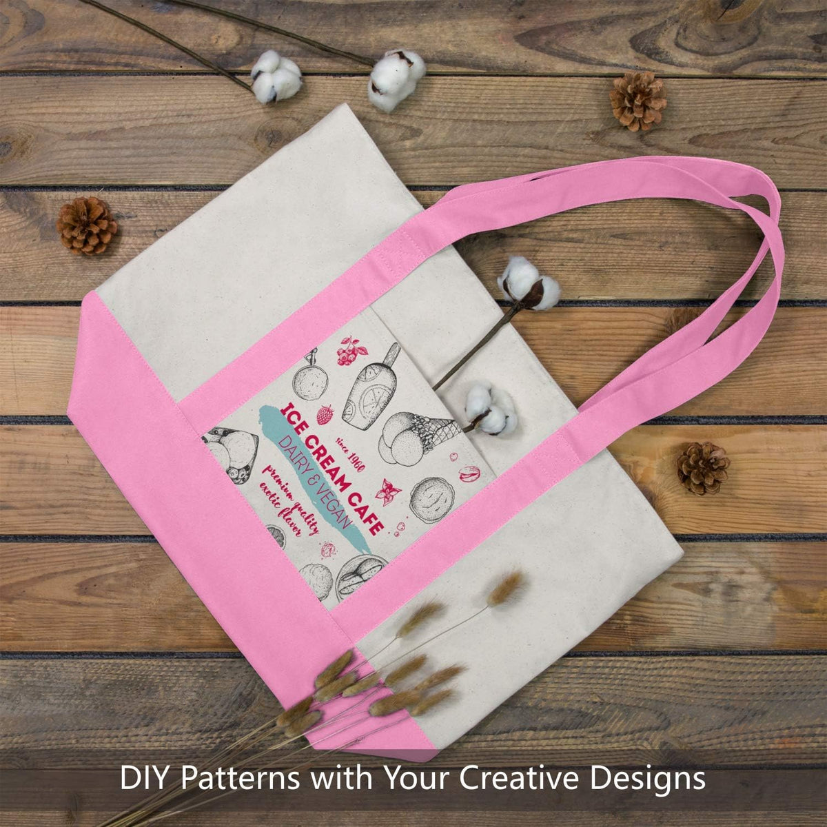 1-Pack Canvas Tote Bag with an External Pocket, Reusable Grocery Shopping Bag, Top Zipper Closure, Daily Essentials (Pink/Natural)