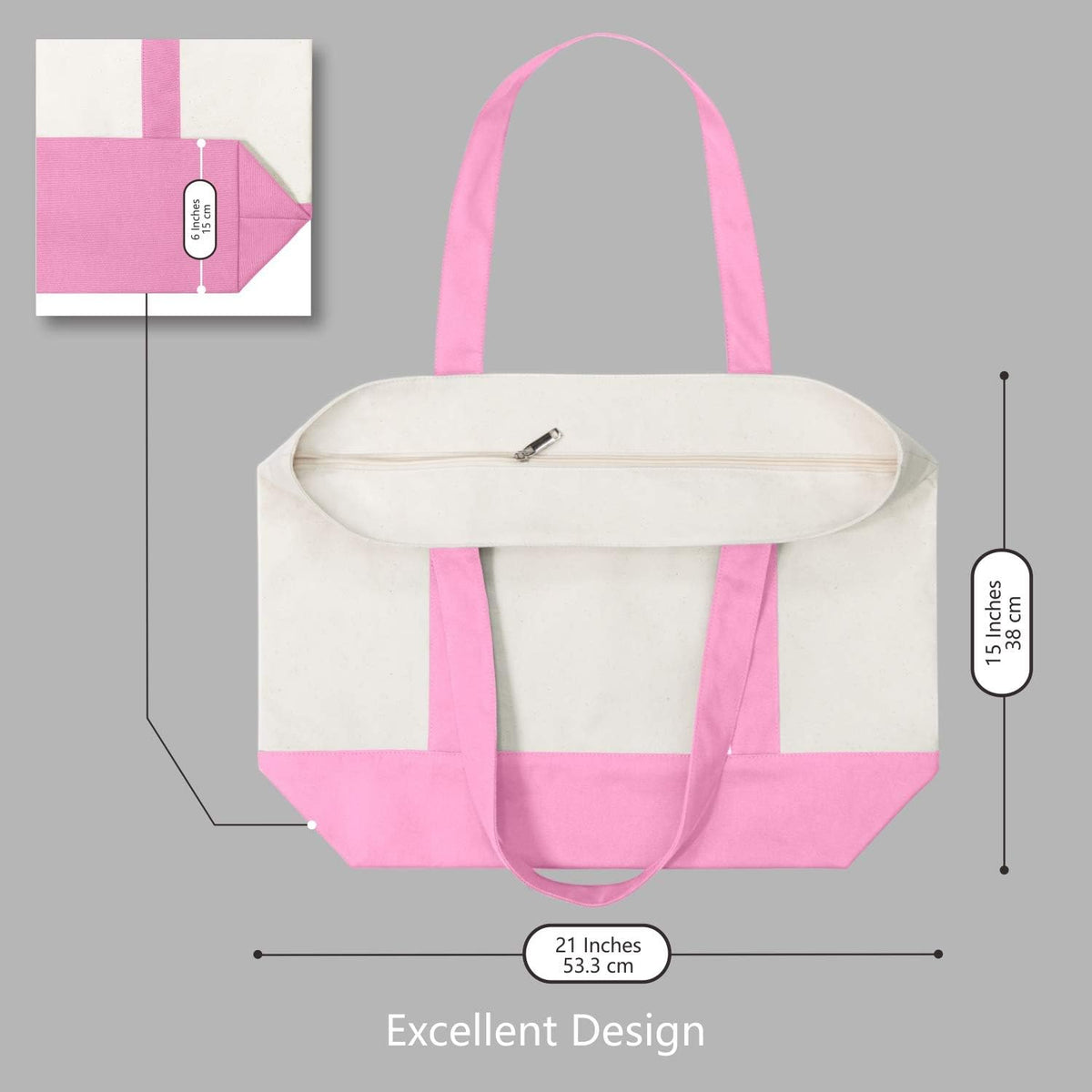 1-Pack Canvas Tote Bag with an External Pocket, Reusable Grocery Shopping Bag, Top Zipper Closure, Daily Essentials (Pink/Natural)