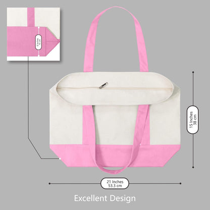 1-Pack Canvas Tote Bag with an External Pocket, Reusable Grocery Shopping Bag, Top Zipper Closure, Daily Essentials (Pink/Natural)