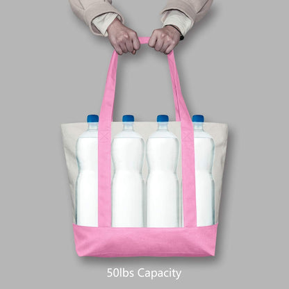 1-Pack Canvas Tote Bag with an External Pocket, Reusable Grocery Shopping Bag, Top Zipper Closure, Daily Essentials (Pink/Natural)