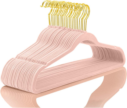 Premium Velvet Hangers (Pack of 50) Heavyduty - Non Slip - Velvet Suit Hangers Blush Pink - Gold Hooks,Space Saving Clothes Hangers Felt Organizer