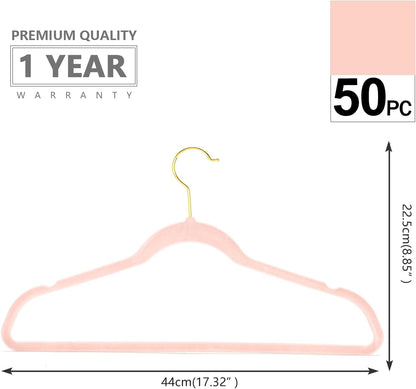 Premium Velvet Hangers (Pack of 50) Heavyduty - Non Slip - Velvet Suit Hangers Blush Pink - Gold Hooks,Space Saving Clothes Hangers Felt Organizer