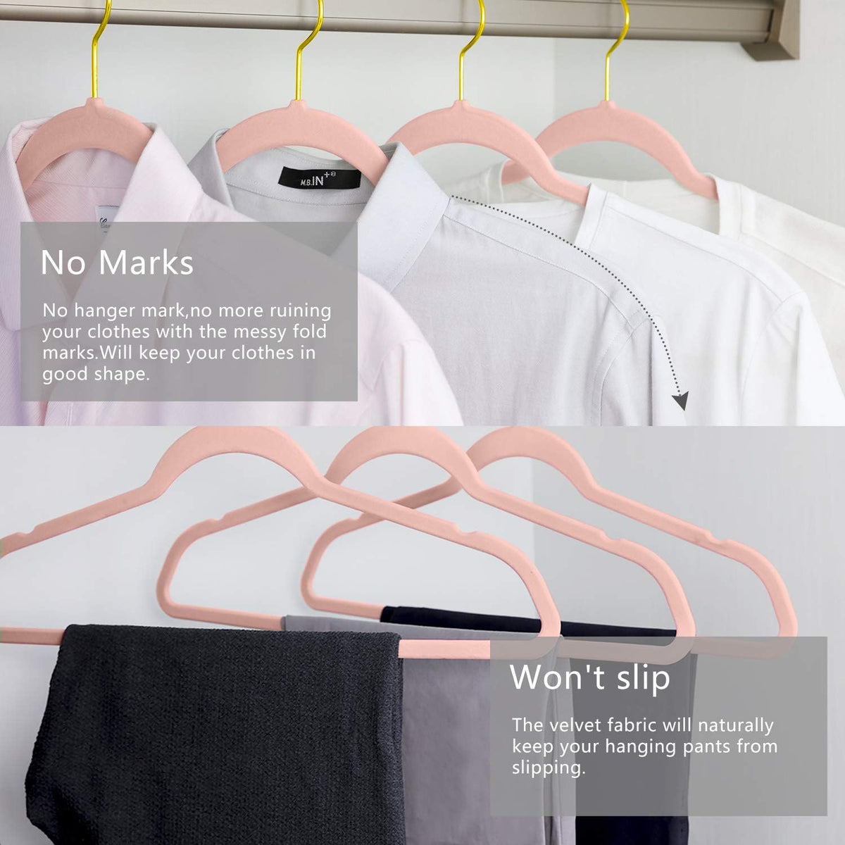Premium Velvet Hangers (Pack of 50) Heavyduty - Non Slip - Velvet Suit Hangers Blush Pink - Gold Hooks,Space Saving Clothes Hangers Felt Organizer