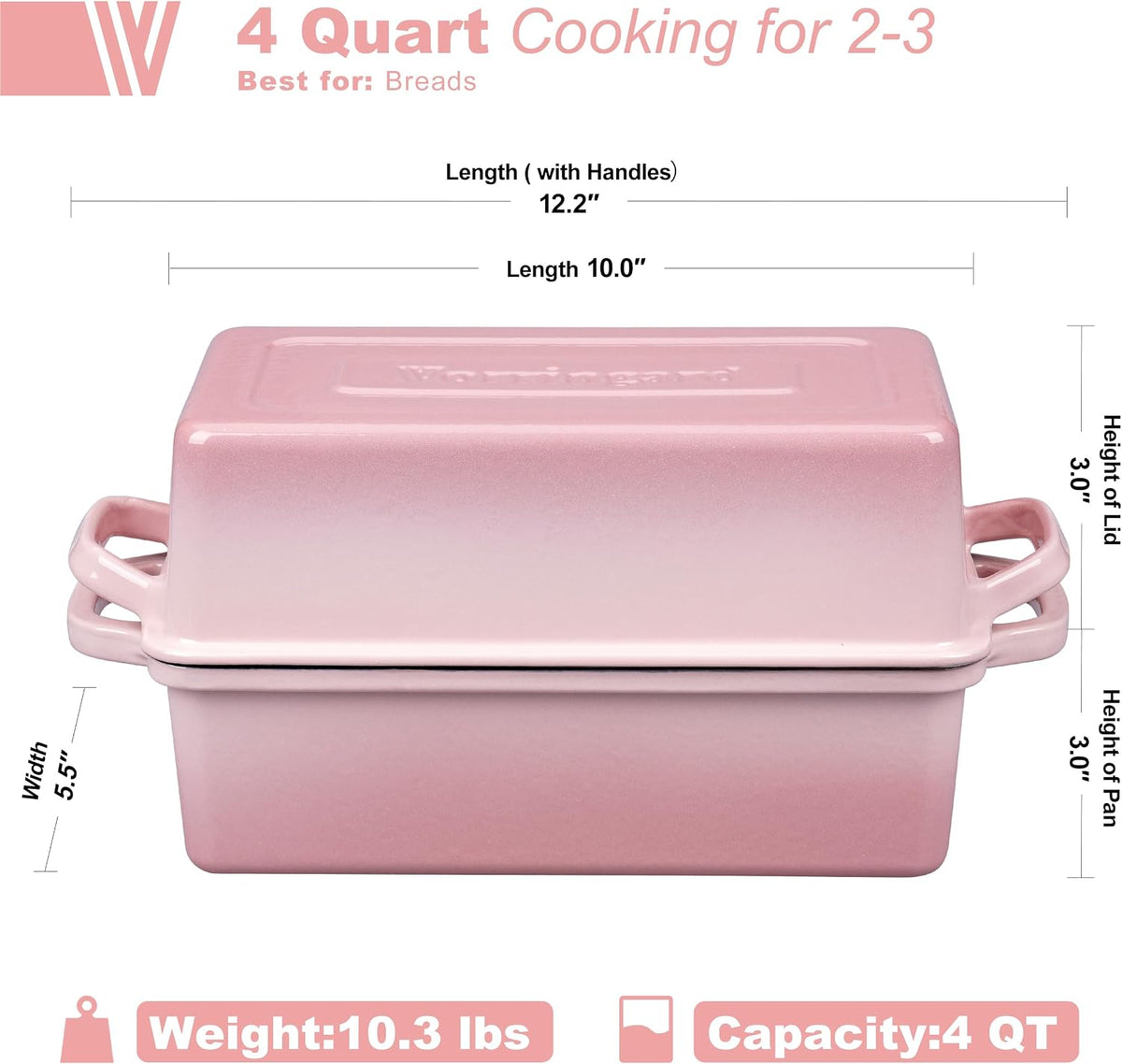 Enameled Cast Iron Loaf Pan with Lid, Double Bread pan, Bread Dutch Oven for Sourdough Bread Baking, Cake, Meatloaf, 10X5.5 inch, 4 Quart, Pink