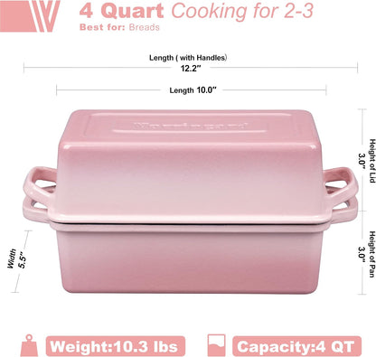 Enameled Cast Iron Loaf Pan with Lid, Double Bread pan, Bread Dutch Oven for Sourdough Bread Baking, Cake, Meatloaf, 10X5.5 inch, 4 Quart, Pink