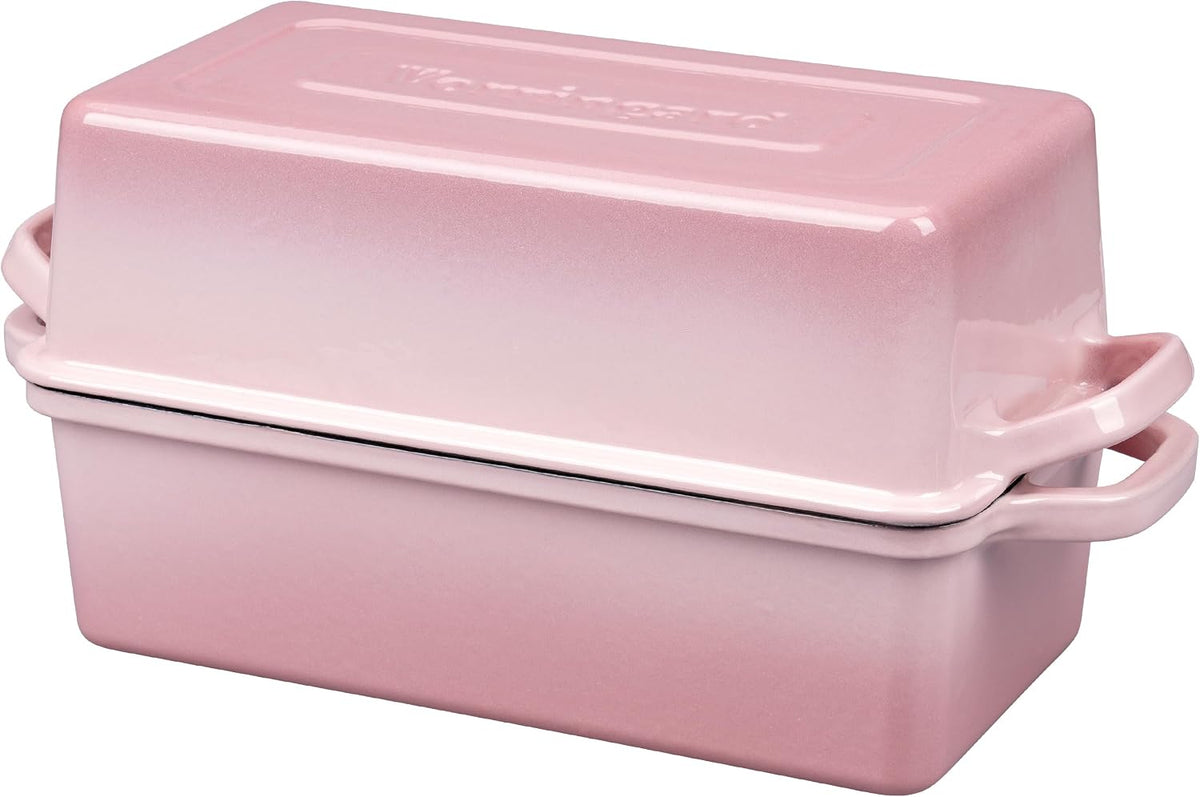 Enameled Cast Iron Loaf Pan with Lid, Double Bread pan, Bread Dutch Oven for Sourdough Bread Baking, Cake, Meatloaf, 10X5.5 inch, 4 Quart, Pink