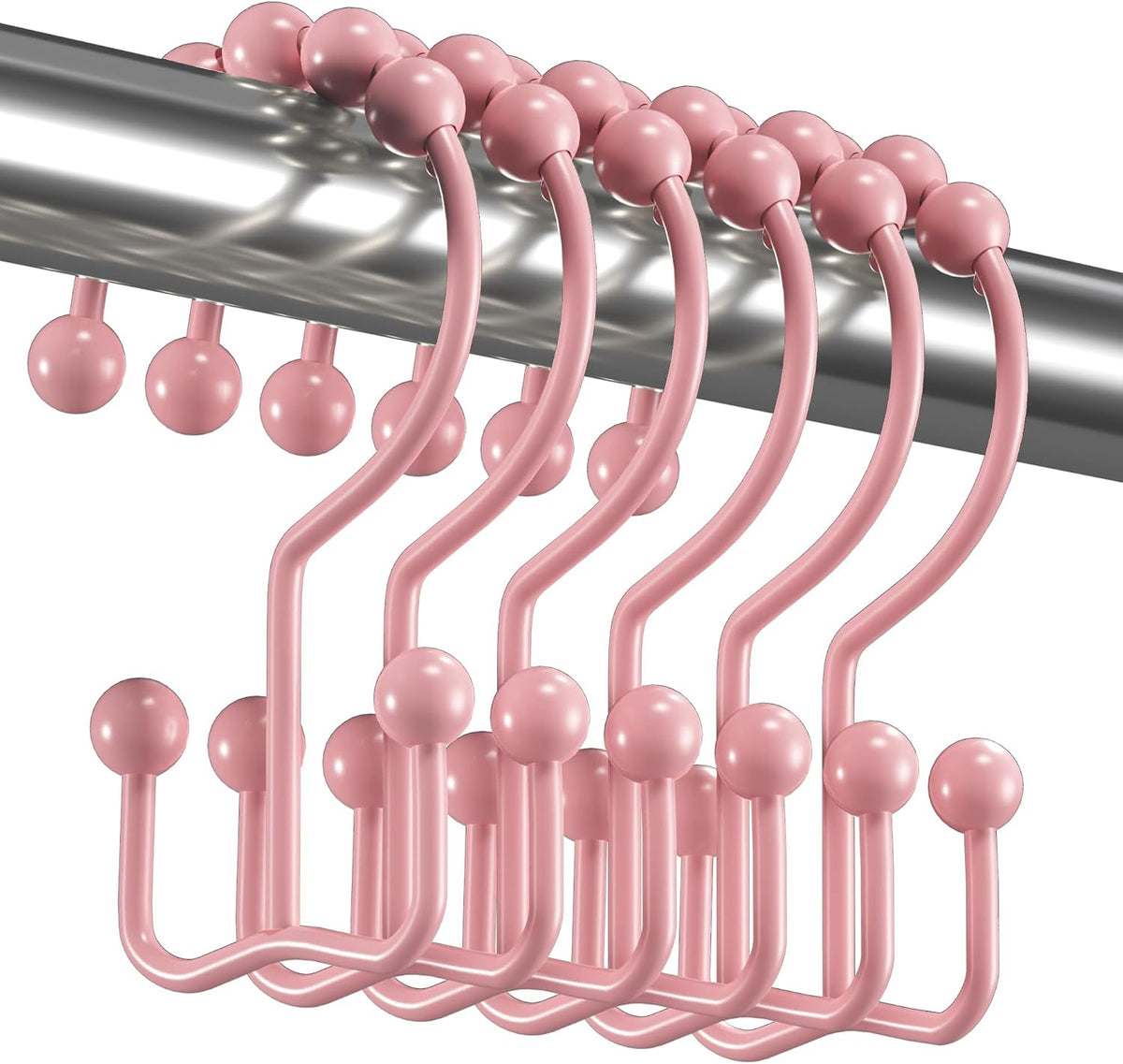 Shower Curtain Hooks Rings, Rust-Resistant Metal Double Glide Shower Hooks for Bathroom Shower Rods Curtains, Set of 12 Hooks - Light Pink
