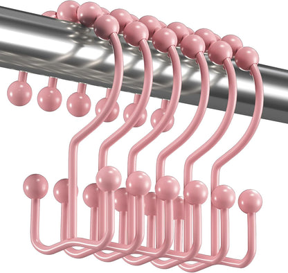 Shower Curtain Hooks Rings, Rust-Resistant Metal Double Glide Shower Hooks for Bathroom Shower Rods Curtains, Set of 12 Hooks - Light Pink