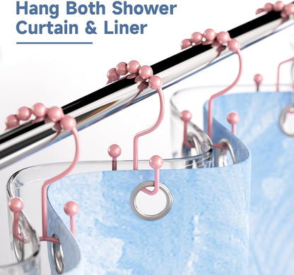 Shower Curtain Hooks Rings, Rust-Resistant Metal Double Glide Shower Hooks for Bathroom Shower Rods Curtains, Set of 12 Hooks - Light Pink