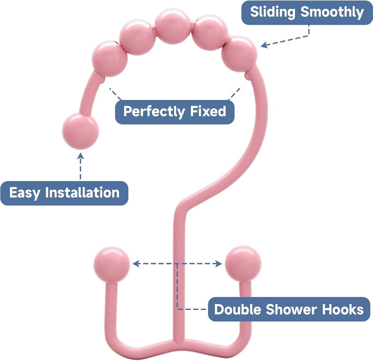 Shower Curtain Hooks Rings, Rust-Resistant Metal Double Glide Shower Hooks for Bathroom Shower Rods Curtains, Set of 12 Hooks - Light Pink