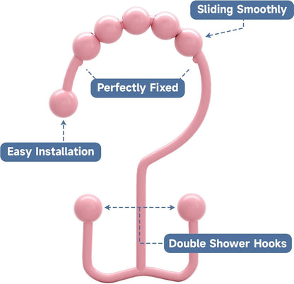 Shower Curtain Hooks Rings, Rust-Resistant Metal Double Glide Shower Hooks for Bathroom Shower Rods Curtains, Set of 12 Hooks - Light Pink