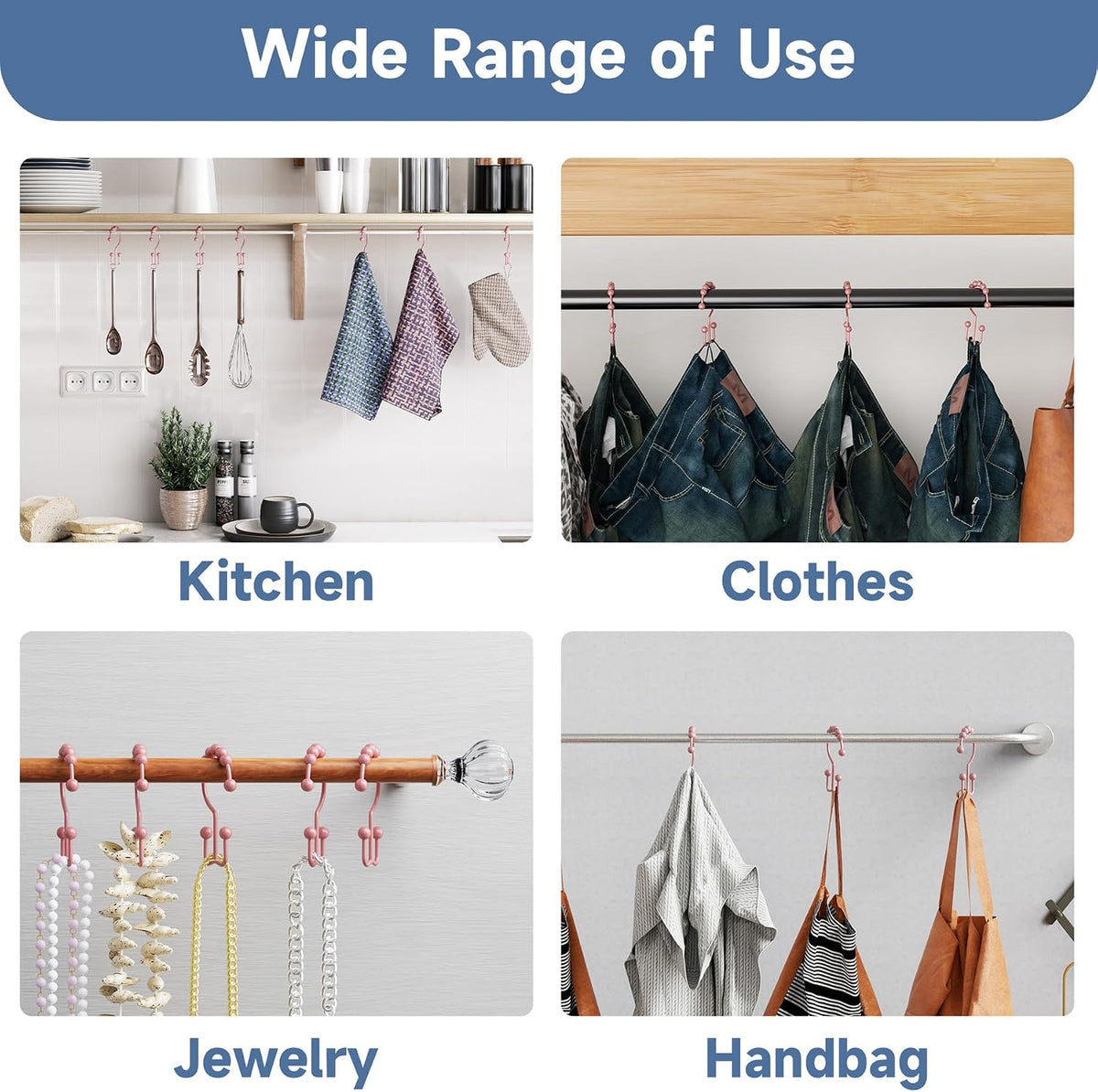Shower Curtain Hooks Rings, Rust-Resistant Metal Double Glide Shower Hooks for Bathroom Shower Rods Curtains, Set of 12 Hooks - Light Pink