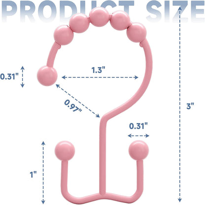 Shower Curtain Hooks Rings, Rust-Resistant Metal Double Glide Shower Hooks for Bathroom Shower Rods Curtains, Set of 12 Hooks - Light Pink
