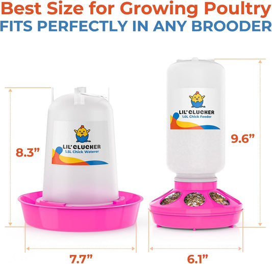 1L Chick Feeder, 1.5L Chicken Waterer - No Leakage Chick Feeder and Waterer Kit, Durable Chicken Water Feeder, Chicken Feeder and Waterer Set, Poultry Waterer (Pink)