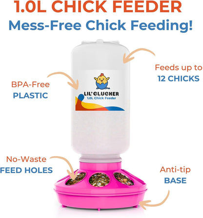 1L Chick Feeder, 1.5L Chicken Waterer - No Leakage Chick Feeder and Waterer Kit, Durable Chicken Water Feeder, Chicken Feeder and Waterer Set, Poultry Waterer (Pink)