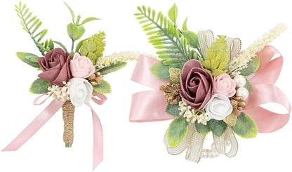 Dusty Rose Corsage and Boutonniere Set Wrist Corsage Flower