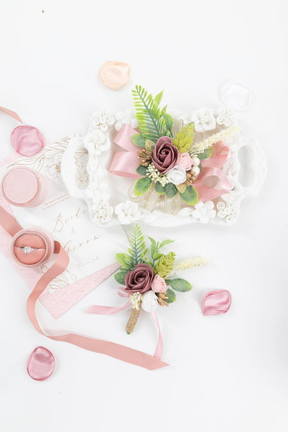 Dusty Rose Corsage and Boutonniere Set Wrist Corsage Flower