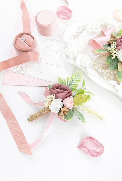 Dusty Rose Corsage and Boutonniere Set Wrist Corsage Flower