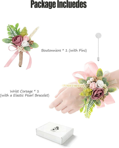 Dusty Rose Corsage and Boutonniere Set Wrist Corsage Flower