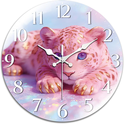 Pink Leopard Wall Clocks Battery Operated, 12" Round Clock