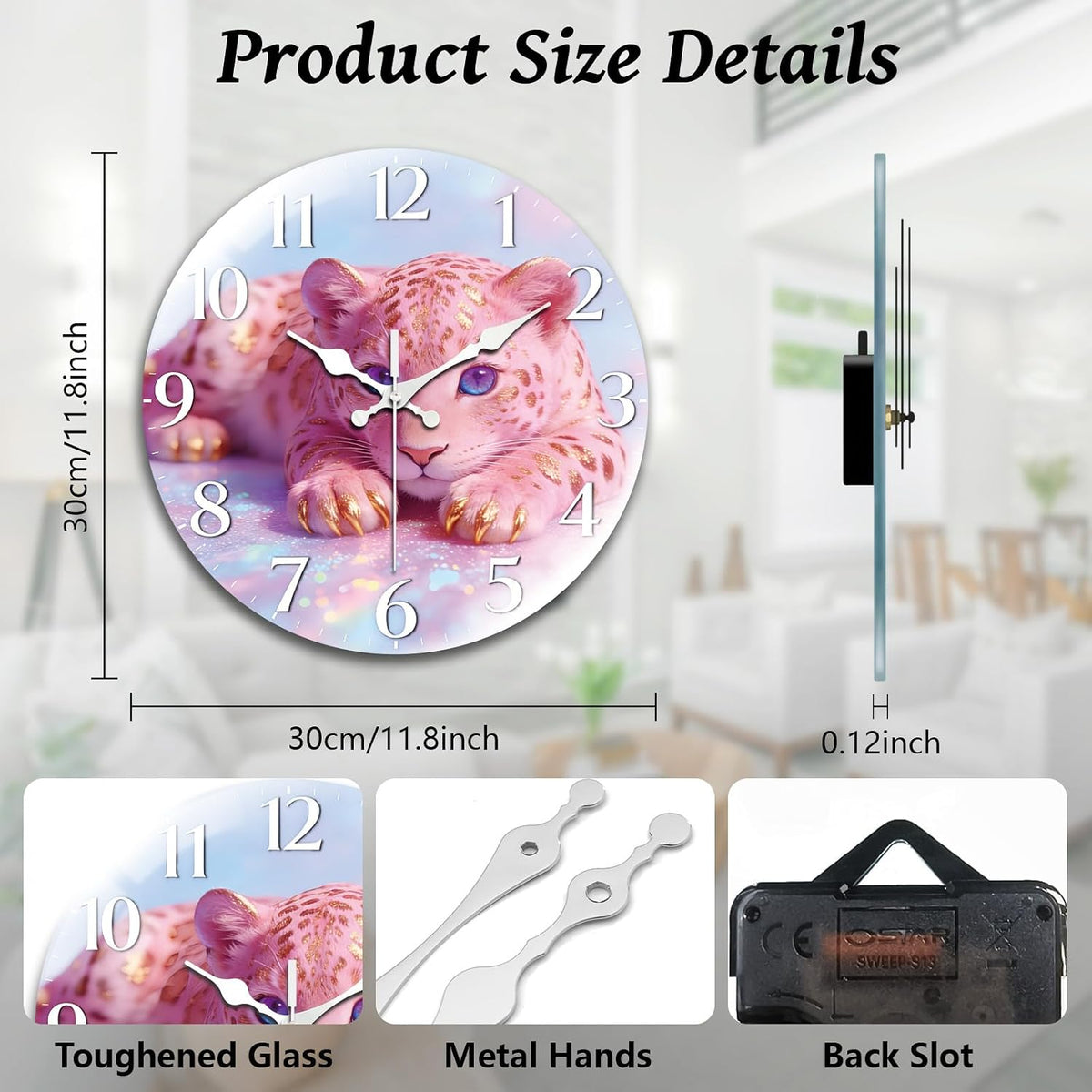 Pink Leopard Wall Clocks Battery Operated, 12" Round Clock