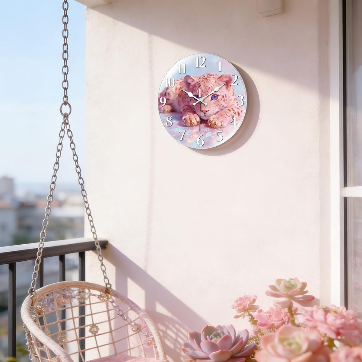 Pink Leopard Wall Clocks Battery Operated, 12" Round Clock