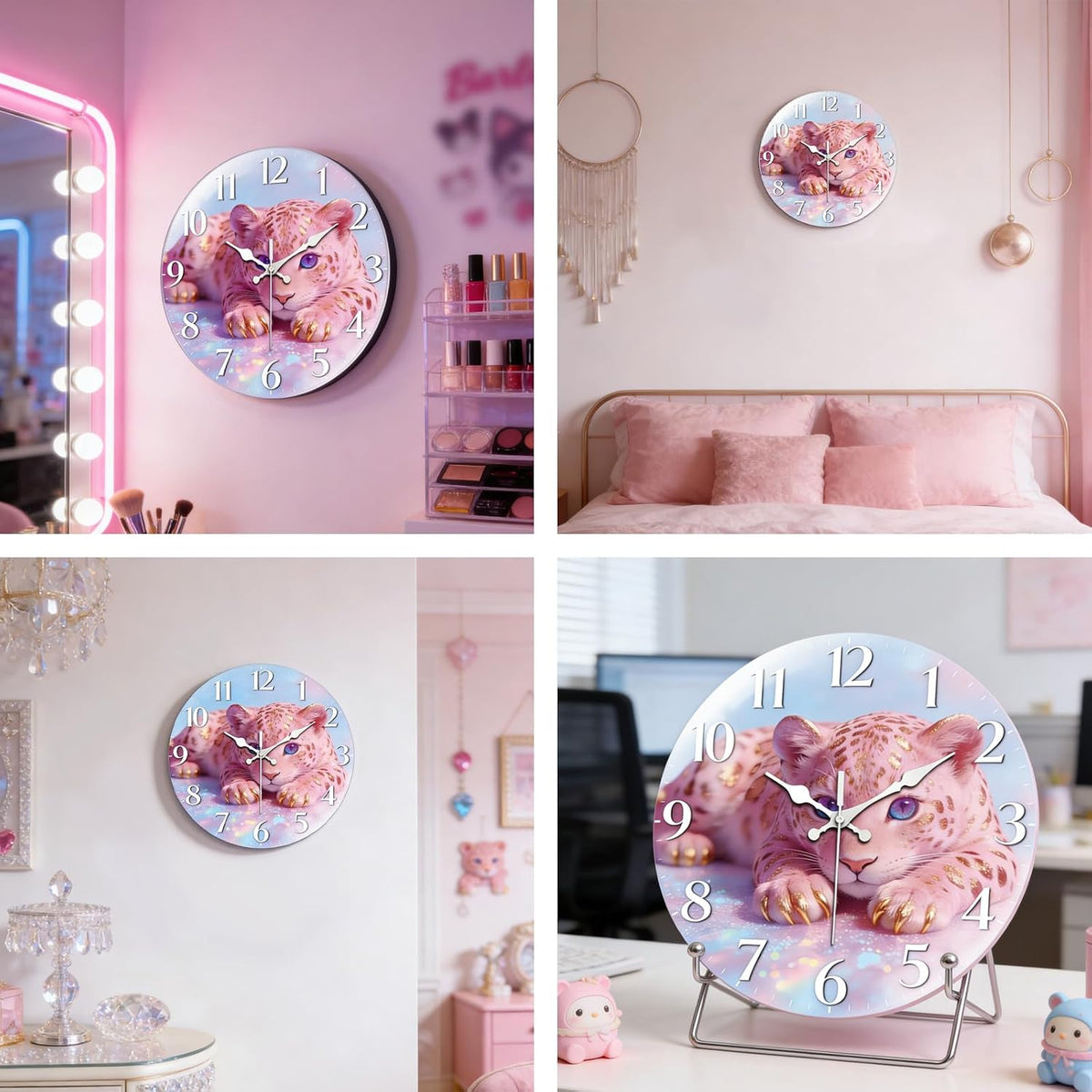 Pink Leopard Wall Clocks Battery Operated, 12" Round Clock