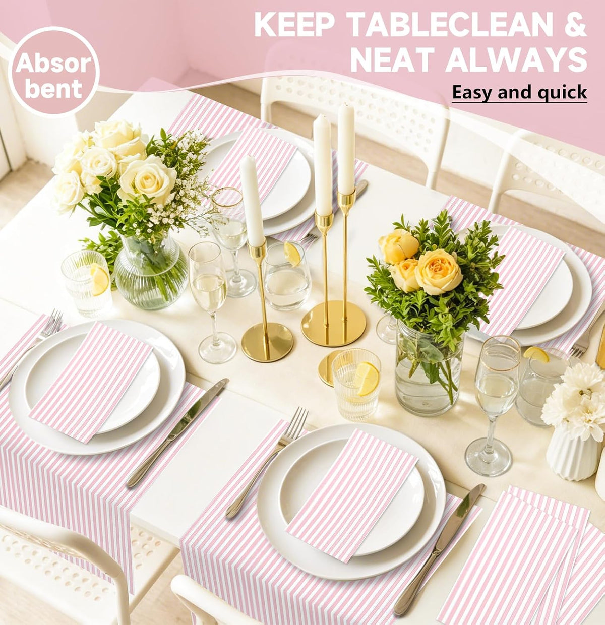 50 Pieces Light Pink Striped Napkins 3-Ply Pink and White Striped Dinner Napkins Disposable Hand Towels for Bathroom Birthday Baby Shower Wedding Thanksgiving Party Paper Napkins