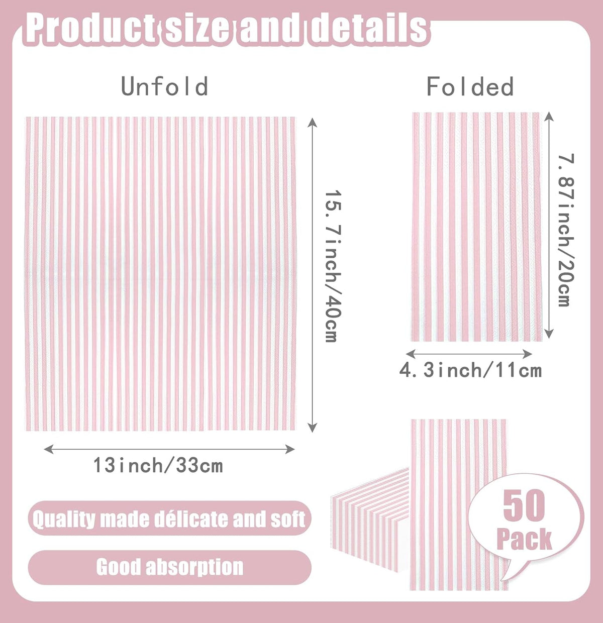 50 Pieces Light Pink Striped Napkins 3-Ply Pink and White Striped Dinner Napkins Disposable Hand Towels for Bathroom Birthday Baby Shower Wedding Thanksgiving Party Paper Napkins