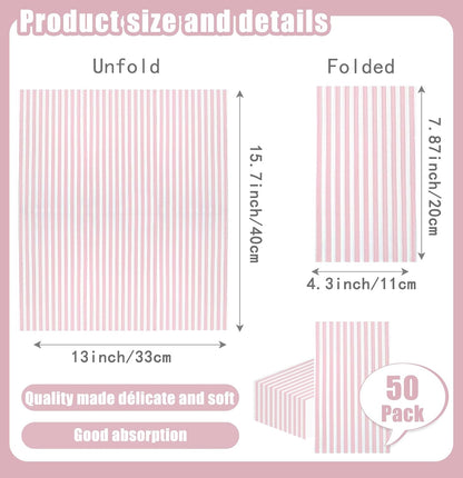 50 Pieces Light Pink Striped Napkins 3-Ply Pink and White Striped Dinner Napkins Disposable Hand Towels for Bathroom Birthday Baby Shower Wedding Thanksgiving Party Paper Napkins