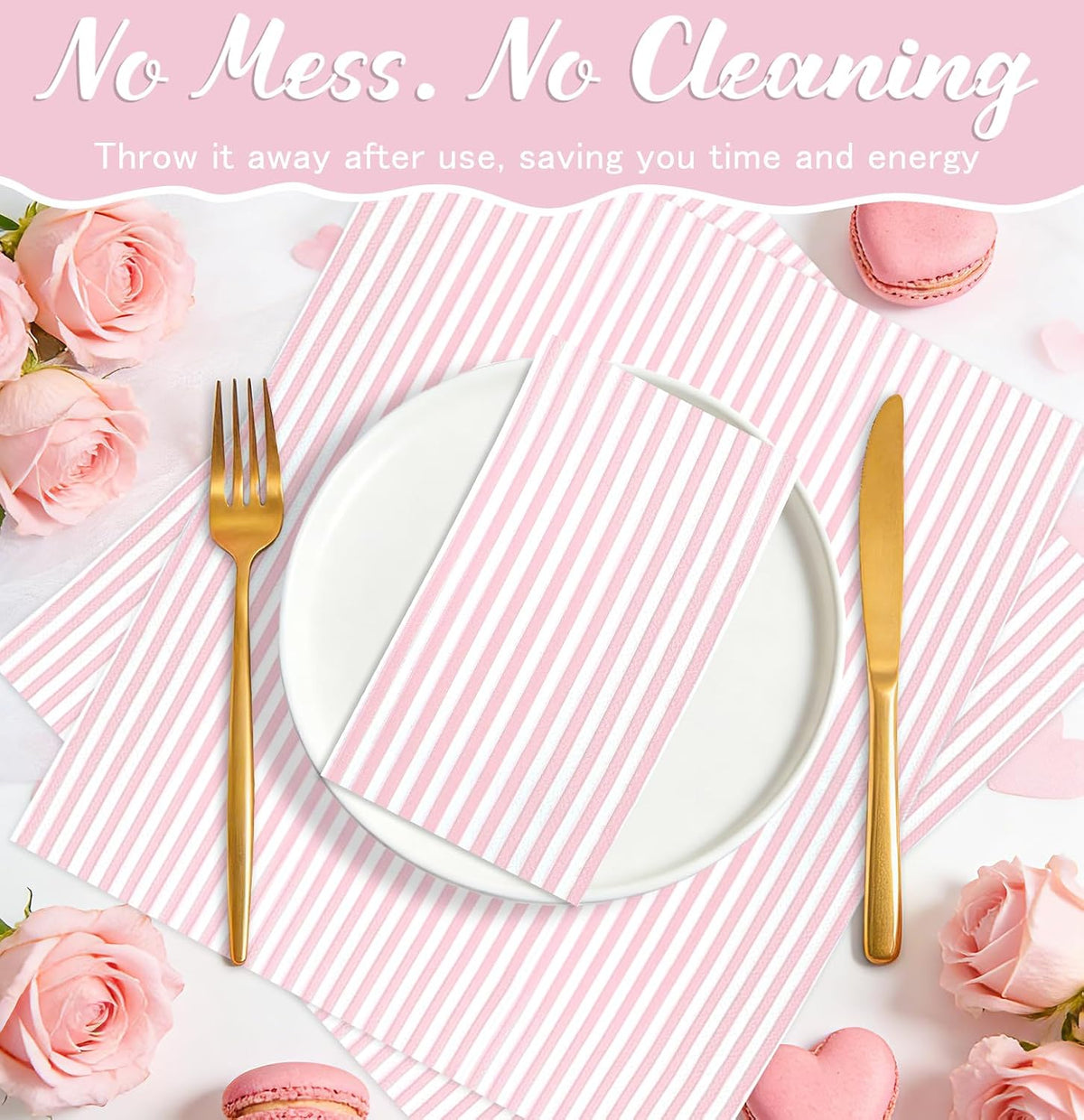 50 Pieces Light Pink Striped Napkins 3-Ply Pink and White Striped Dinner Napkins Disposable Hand Towels for Bathroom Birthday Baby Shower Wedding Thanksgiving Party Paper Napkins