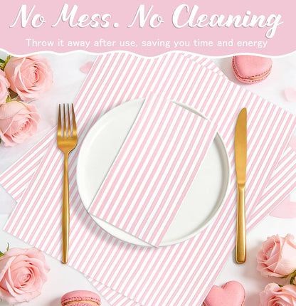 50 Pieces Light Pink Striped Napkins 3-Ply Pink and White Striped Dinner Napkins Disposable Hand Towels for Bathroom Birthday Baby Shower Wedding Thanksgiving Party Paper Napkins